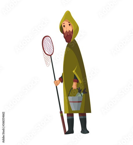 Bearded man with fish net and a bucket in his hands. Caught fish in a bucket. Fisher in raincoat. Successful fishing
