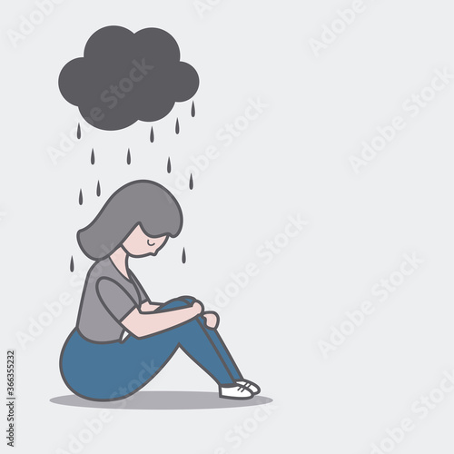 Sad woman sitting under dark cloud vector. Depression concept. Anxiety and negative thoughts.
