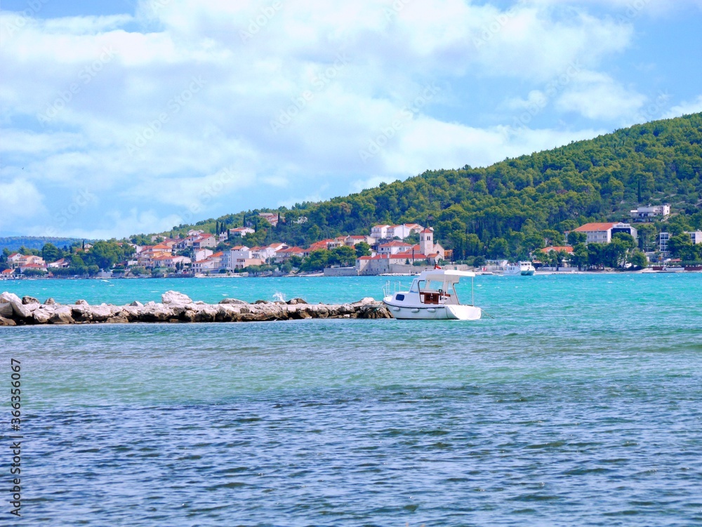 Adriatic Sea and landscape of Trogir, Croatia. Trogir is popular travel destination in Croatia. Trogir, as a UNESCO World Heritage Site, is one of most visited places in Dalmatia, Croatia