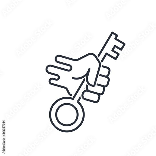 Hand with a key. Vector linear icon isolated on white background.