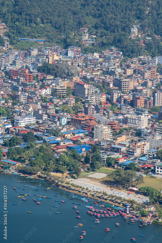 Aerial view of Phewa Lake in Nepal