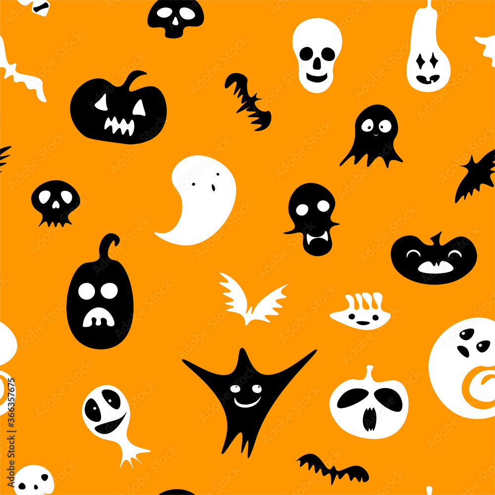 Fototapeta premium Seamless Happy Halloween pattern. Black white ghost, pumpkin, skeleton, skulls on orange background. Cute scary horror characters for fall holidays Halloween, Day of the Dead. Vector festive backdrop