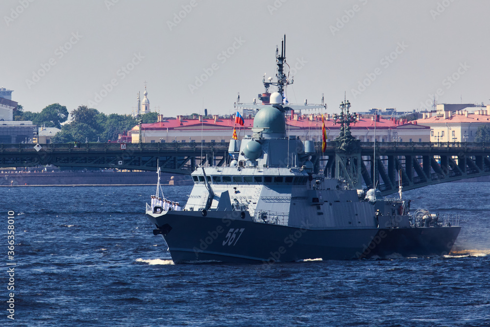 View of Russian Navy, modern russian military naval battleships warships in the row, northern fleet and baltic sea fleet, summer sunny day during the military exercise