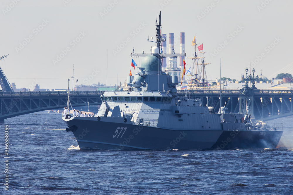 View of Russian Navy, modern russian military naval battleships warships in the row, northern fleet and baltic sea fleet, summer sunny day during the military exercise