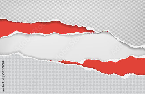 Pieces of torn and horizontal white squared and red paper with soft shadow are on white background for text. Vector illustration