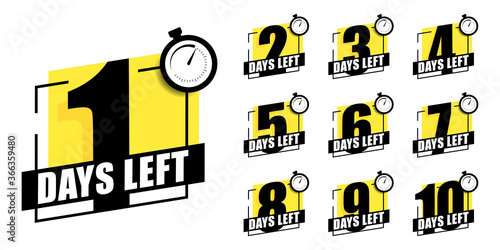 Countdown of days 1,2,3,4,5,6,7,8,9,10. The days left badges. A countdown is going on, one day I left a badge and a label to calculate the date of work. Offer timer, sticker limited to a few days.