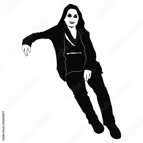 Sitting young woman. Black and white silhouette.