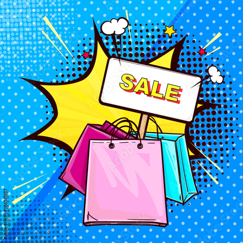 Vector pop art illustration of colorful shopping bags with banner stick. Sale banner on dots halftone background with speech bubble in shape of a star. Poster for the advertising sales and discounts.