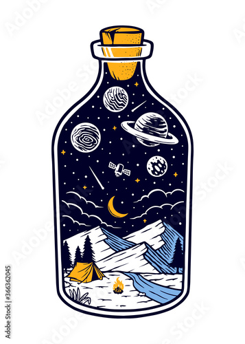 Mountain at night in a bottle vector illustration