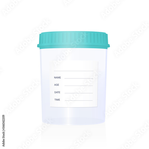 Specimen cup, empty with blank sticker to be labeled, medical laboratory item for examinations, checkups, clinical analysis and diagnosis. Isolated vector illustration on white background.
