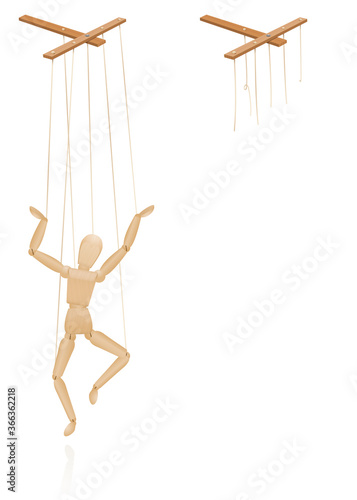 Puppet on strings. Marionette control bar with intact and broken strings. Torn cords as a symbol for freedom, independence, autonomy, liberty, detachment, release or escape. Isolated vector on white.
 photo