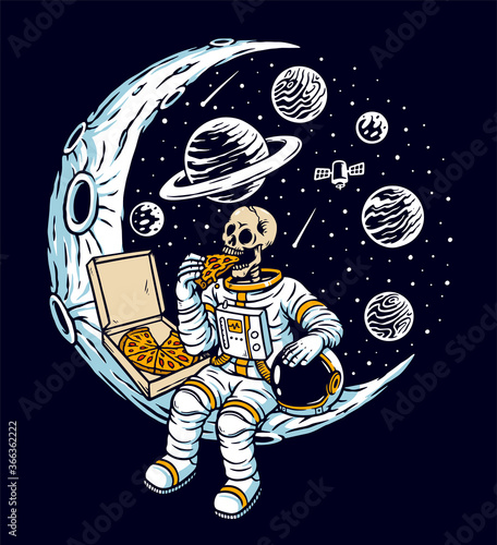 Astronaut eat pizza on the moon vector illustration