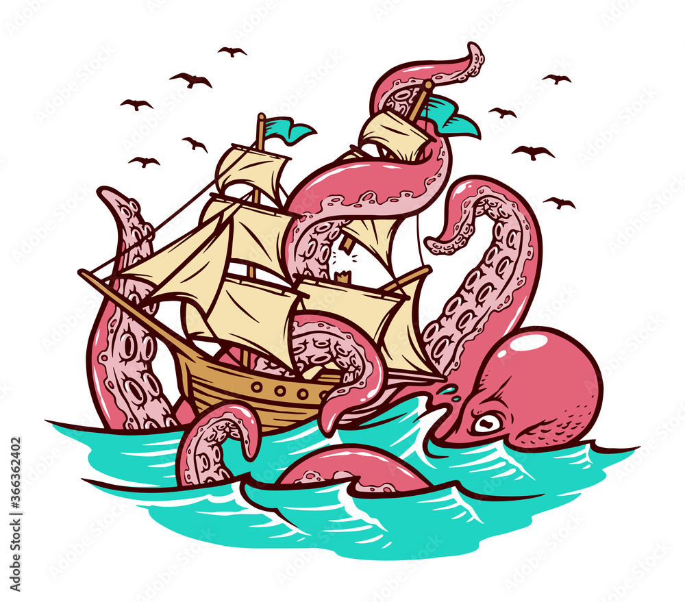 The octopus attacks the sailing ship vector illustration