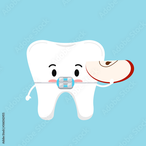 Cute tooth with dental braces with apple part in hand emoji character. Dental braces on white tooth don t bite care and treatment concept. Vector flat design kawaii style kid tooth illustration.