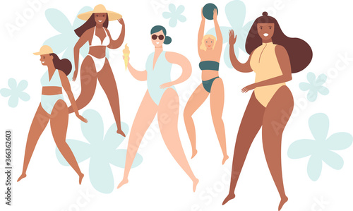 Various body positive girls wearing swimwear. Summer beach characters. Beauty diversity of different women.