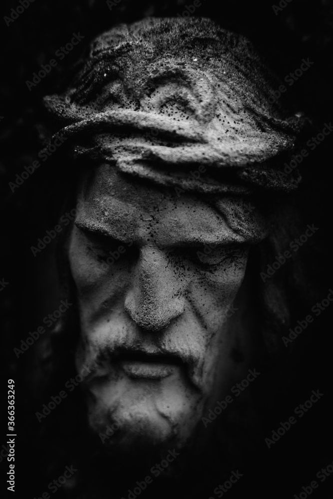 Antique statue of suffering of Jesus Christ crown of thorns. Black and white image. Antique statue of suffering of Jesus Christ crown of thorns. Black and white image.