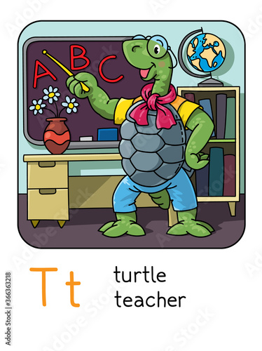 Turtle teacher. Animals profession ABC. Alphabet T