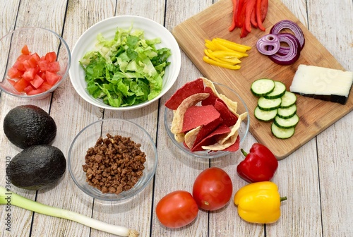 Simple healthy fresh organic ingredients ready to assemble tasty delicious homemade meal kit tacos for ethnic Mexican food at home