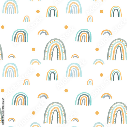 Watercolor nursery raindow seamless pattern. Scandinavian style hand painted rainbows background. Baby shower boy girl rainbow scrapbook paper. Kids fabric design illustration in trendy pastel colors.