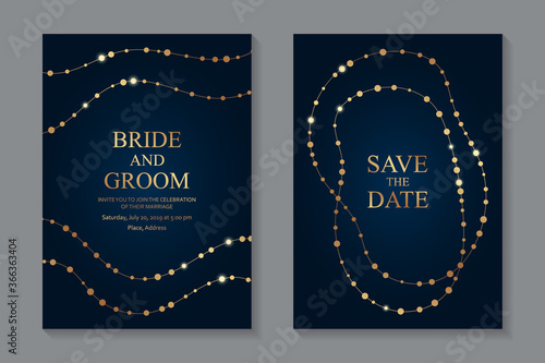 Modern geometric luxury wedding invitation design or card templates for business or presentation or greeting with golden lines and beads or necklaces on a dark blue background.