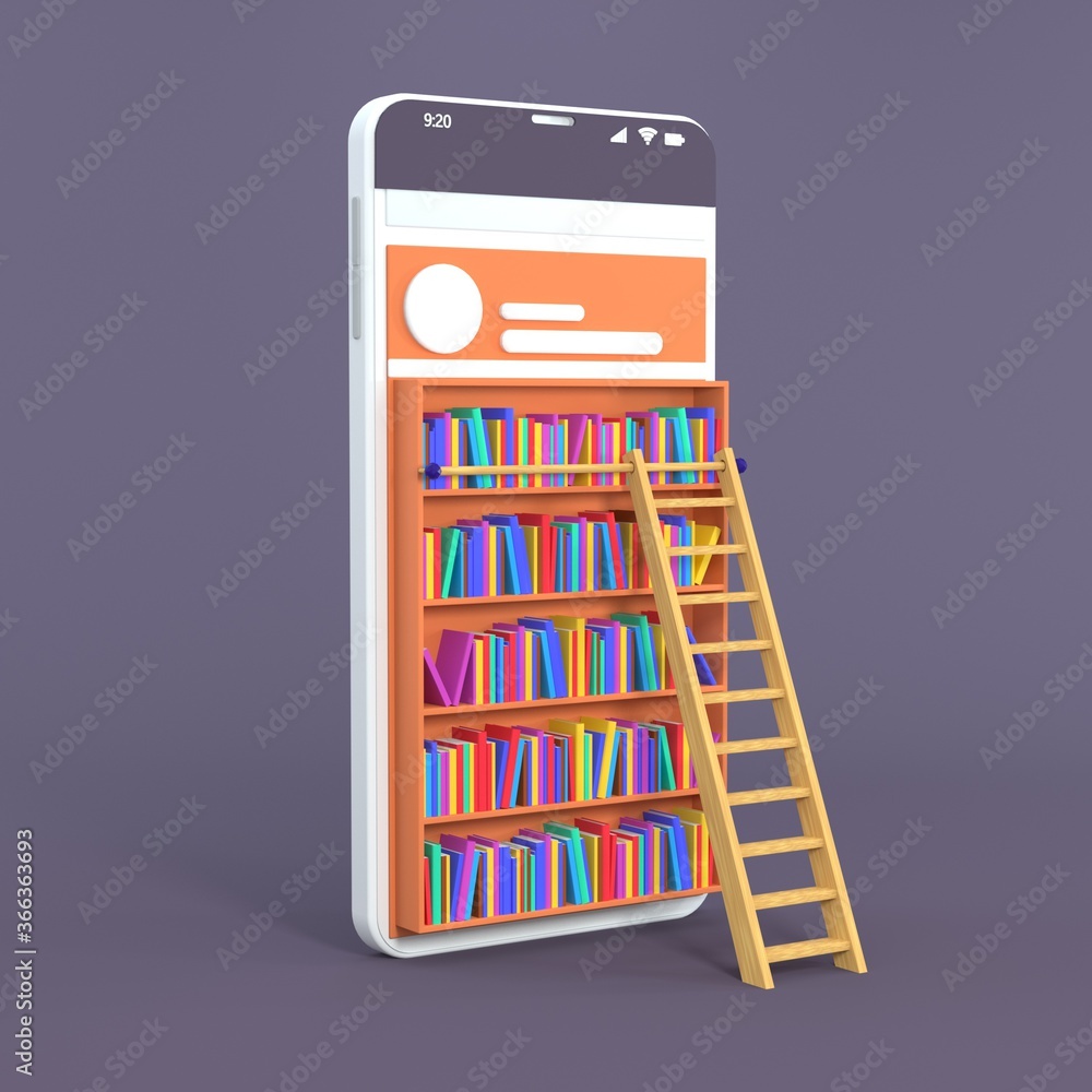 Smartphone turned into Internet online library. Concept of mobile education and e-library, isometric media book shop. 3d rendering. Smartphone turned into Internet online library. Concept of mobile education and e-library, isometric media book shop. 3d rendering.
