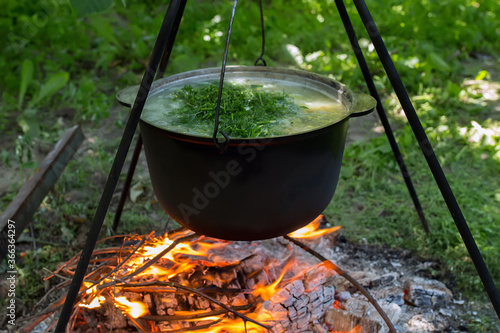 Black cauldron with soup with dill on a tripod over a bonfire