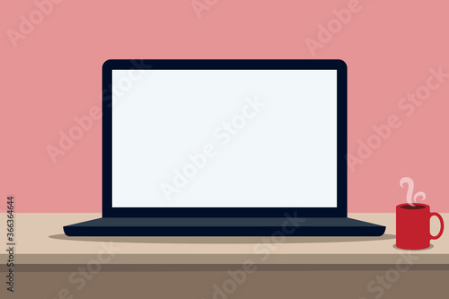 laptop with an empty screen on the table. vector flat illustration.