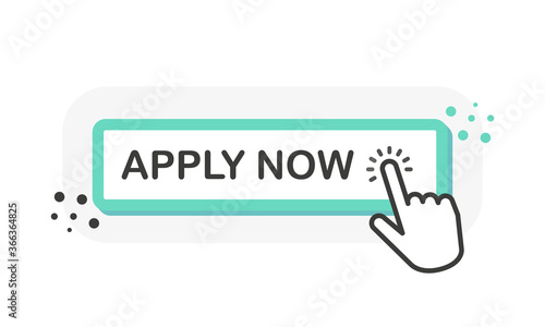 APPLY NOW green 3D button with hand pointer clicking. White background. Vector