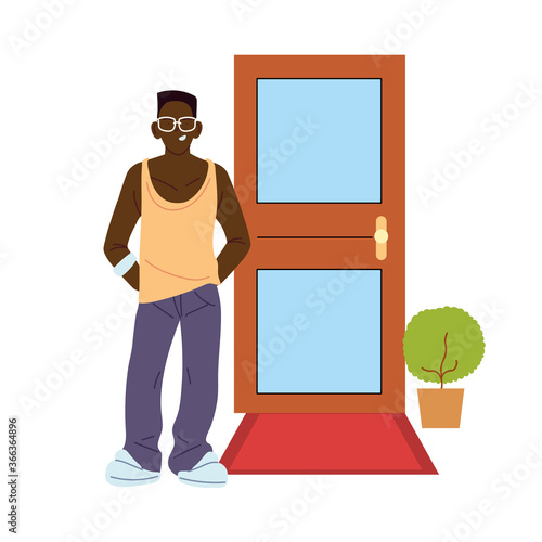 black man cartoon in front of door vector design