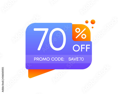 Promo code save. 70 percent off discount nameplate on a white background in flat design. Business, shop, producte sale. Vector.