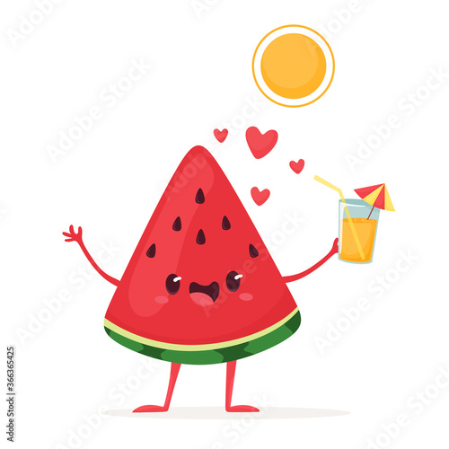 Cheerful slice of watermelon under the sun with a drink in hand. Vector illustration in flat cartoon style.