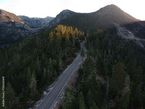 Aerial view of road in a forest at Tahoe Lake, USA