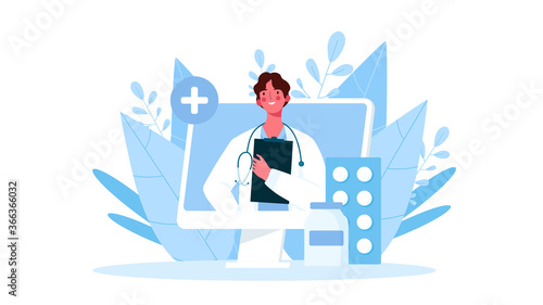 Online medical consultation, support. Online doctor. Healthcare services. Family male doctor with stethoscope on the laptop screen. Vector illustration for websites landing page templates.