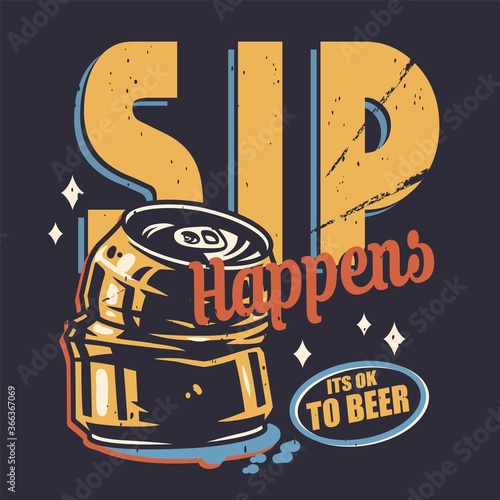 T-shirt print with beer crumpled can for pub