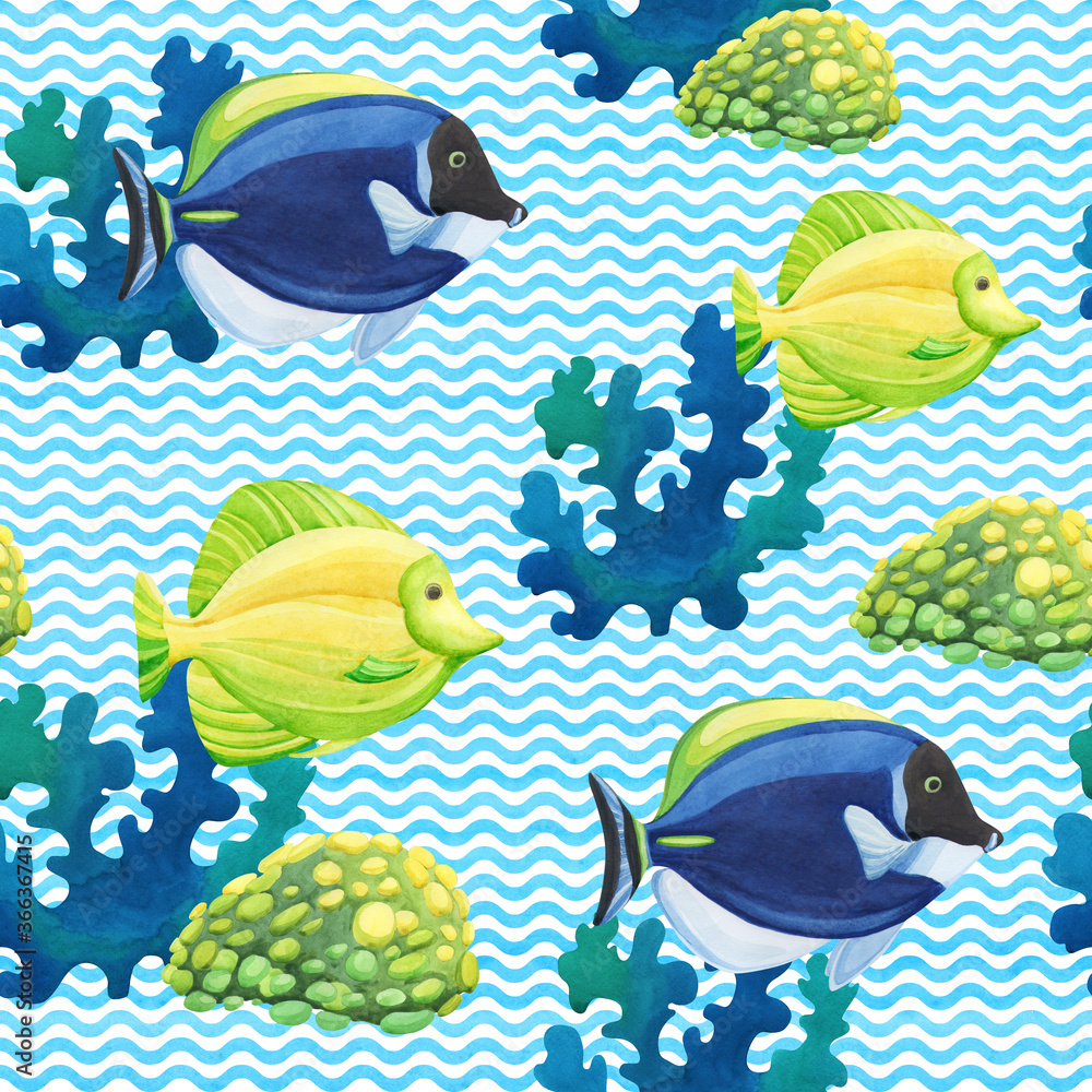 Naklejka premium Seamless pattern with tropical fish and wave ornament. Watercolor illustration.