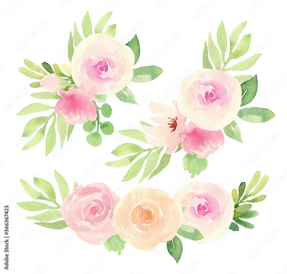 Summer watercolor bouquets. Botanical illustration with pink, peach roses and white backgraund. Yellow Flowers. Floral Design. Perfect for invitations, wrapping paper, textile, fabric, packing