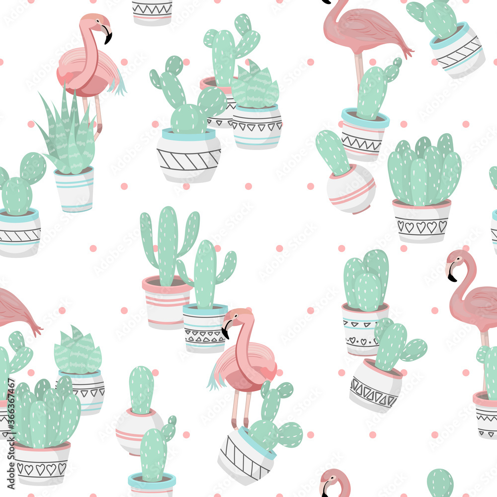 Cute beautiful pastel pattern with cactuses and flamingo. Vector. Cute beautiful pastel pattern with cactuses and flamingo. Vector.