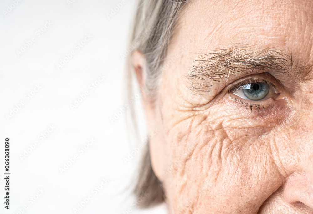 Elderly woman old eye and wrinkled face. Fragment of the portrait. Copy space. Elderly woman old eye and wrinkled face. Fragment of the portrait. Copy space.