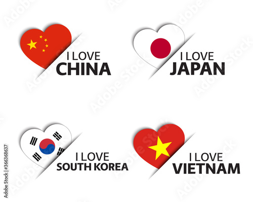 Set of four Chinese, Japanese, Korean and Vietnamese heart shaped stickers. I love China, Japan, South Korea and Vietnam. Made in China, Made in Japan. Simple icons with flags