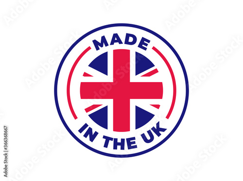 "Made in the UK" vector icon. Illustration with transparency, which can be filled with white, or used against any background. Country flag encircled with text and lines.