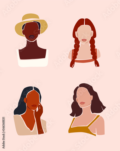 Vector abstract girls with stylish haircut and different color of skin on the pink isolated background. Trendy abstract illustration.