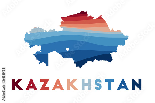 Kazakhstan map. Map of the country with beautiful geometric waves in red and blue colors. Vivid Kazakhstan shape. Vector illustration.