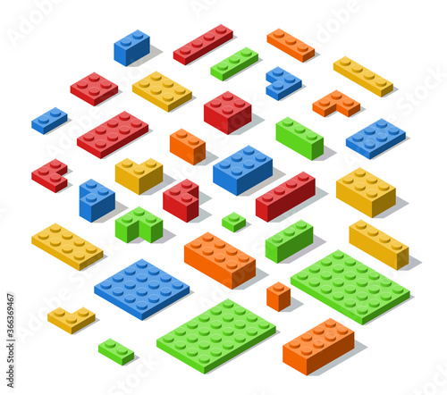 Plastic Colorful Construction Blocks, Bricks and Planes in Isometric Style