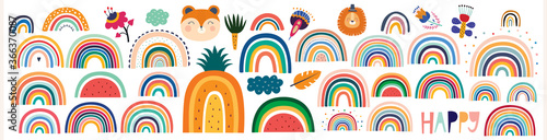 Colorful Summer trendy rainbows vector illustrations. Rainbows and doodles collection. Rainbows, cute animals and flowers 