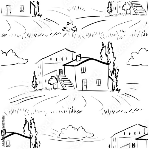 Seamless pattern Italian house with stairs and poplars