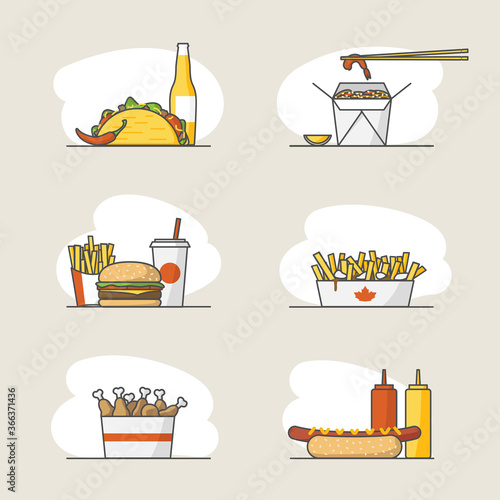 Set of fast food icons in flat style: taco, wok, burger, french fries, soda, poutine, chicken legs, and hot dog. Vector line illustration for fast food restaurant menu or banner.