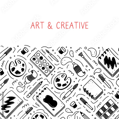 Hand drawn set of creative artist tools element, brush, pencil, paint, sketchbook, marker. Doodle sketch style. Artist element drawn by digital pen. Vector illustration for banner, icon, craft design
