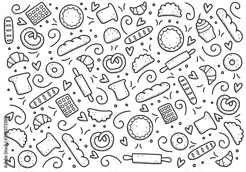 Hand drawn set of bakery and baking elements, bread, pastry, croissant, cake, donut. Doodle sketch style. Bakery element drawn by digital pen. Vector illustration for menu, frame, recipe design.