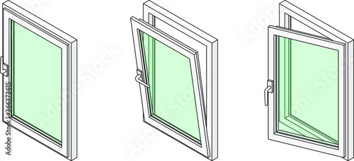 Diagram showing a casement window in three different positions: closed, tilted open for ventilation, and swung fully open.
