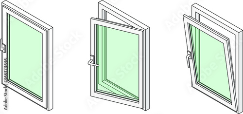 Diagram showing a casement window in three different positions: closed, tilted open for ventilation, and swung fully open. photo